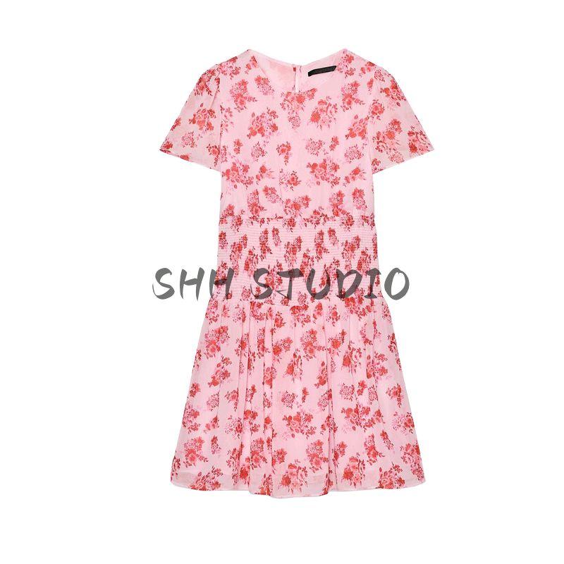 Spring and Summer New Women's Clothing Casual Minimalist Easiest for Match round Neck Flower Print Short Sleeve Short Dress 2784038