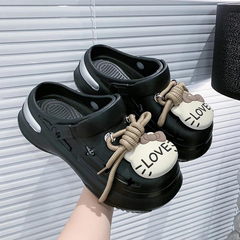 

Fashion 2025 Cute Cartoon Thick Sole Sandals Women Summer Lace-Up Eva Clogs Garden Shoes Woman Non Slip Platform Beach Sandles Female 39-40 чёрный