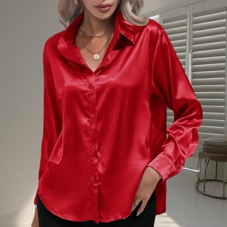 Elegant Satin Long Sleeve Blouse Women Summer Spring Casual Shirt Faux Silk Tops Single Breasted Basic Shirts