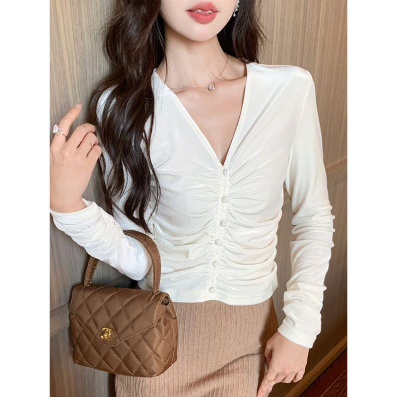 Small Fall and Winter New Arrival Fashion Commute Slim-Fit Easiest for Match V Neck Ruched Pleuche Long Sleeve T-shirt Bottoming Shirt