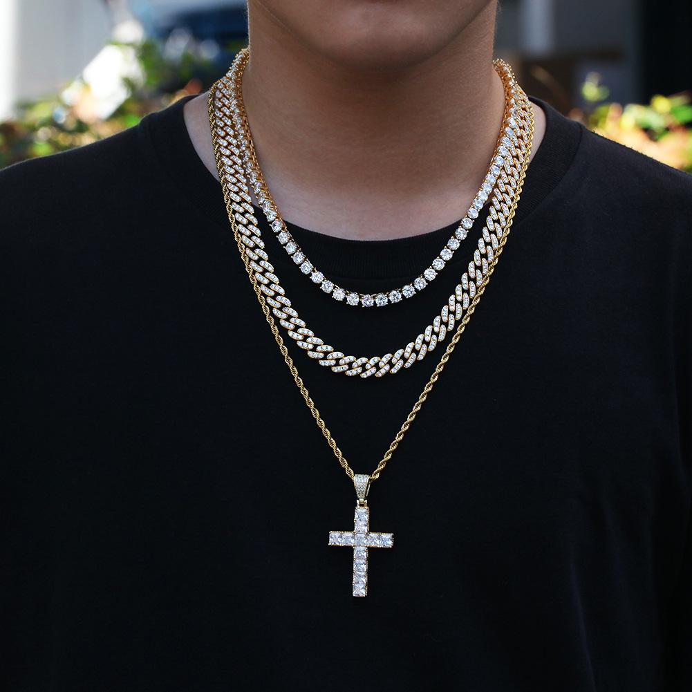Hip Hop Square Zircon Cross Necklace Punk Personality Male and Female Couple Pendant Accessories