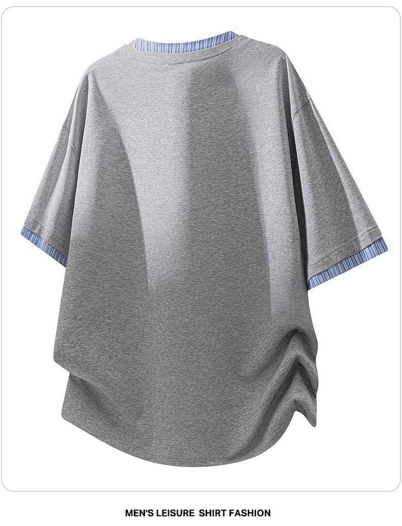 Men's Summer V-Neck Japanese Style Striped Two-Piece Look Shirt