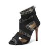 Fringe Peep Toe Women Sandals Denim Cloth Thin High Heels Gladiator Sandals Summer Stiletto Large Size Custom Shoes WSH5064