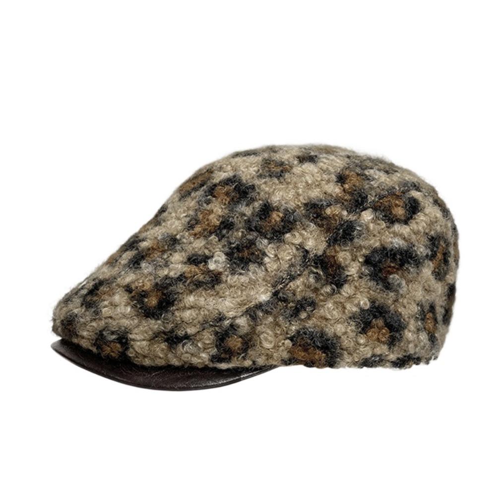 Pu Leather Brim Lamb Wool Berets Hat Keep Warm Women Newsboy Caps Retro Leopard Print Berets  Girl