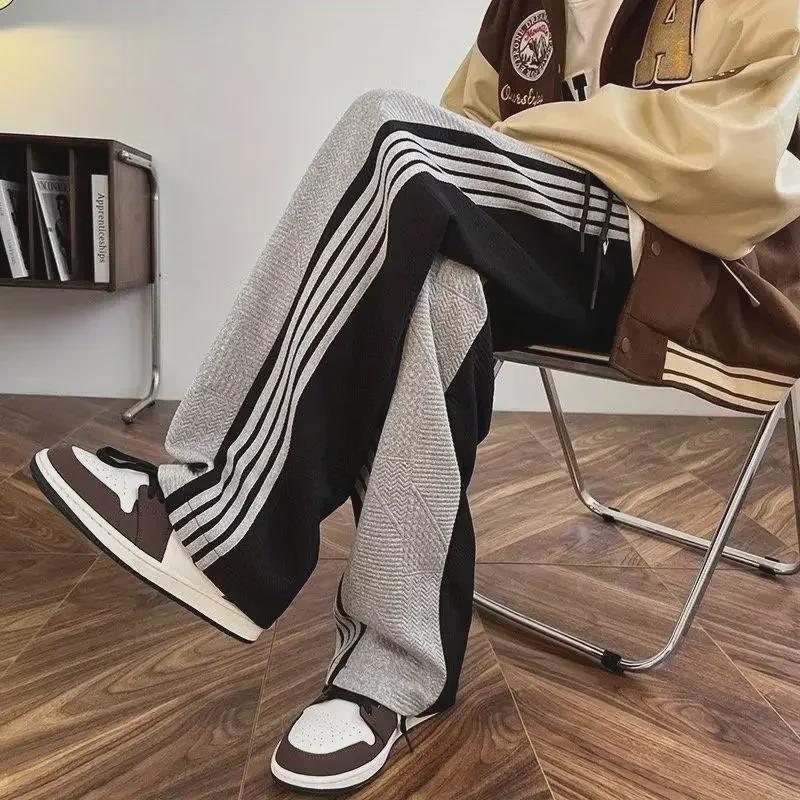 Men's Striped Patchwork Straight-Leg Casual Sweatpants, Large Size, Trendy Brand, Spring/Autumn Drape Trousers