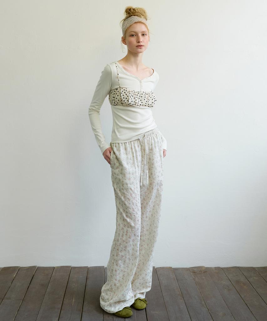 Aobteu Floral Stripe Lounge Pants - Beige