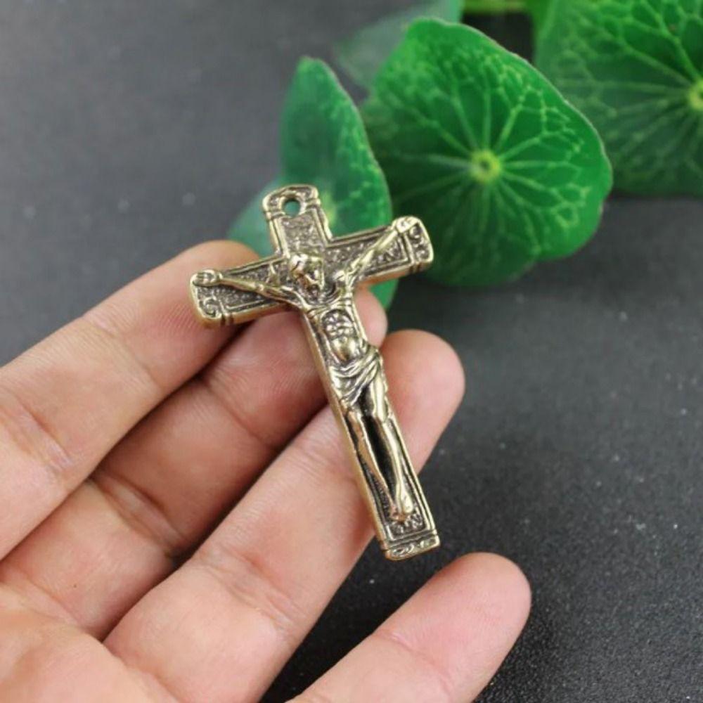 Cross Shape Jesus Statue Keychain Pure Copper Chapel Hanging Ornaments  Car Keychain