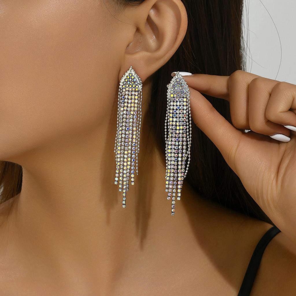 New Product Full Diamond Geometric Triangular Earrings, Long Exaggerated Fringed Earrings, Trendy Personalized Earrings, Women'S Exquisite