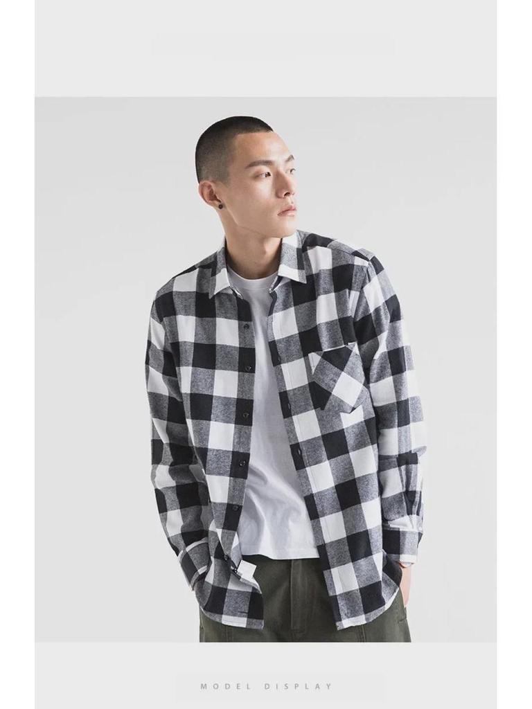 Pánská trendy kostkovaná košile: Lehká bunda s dlouhým rukávem, volného střihu, s broušeným povrchem, pro jaro, léto a podzim