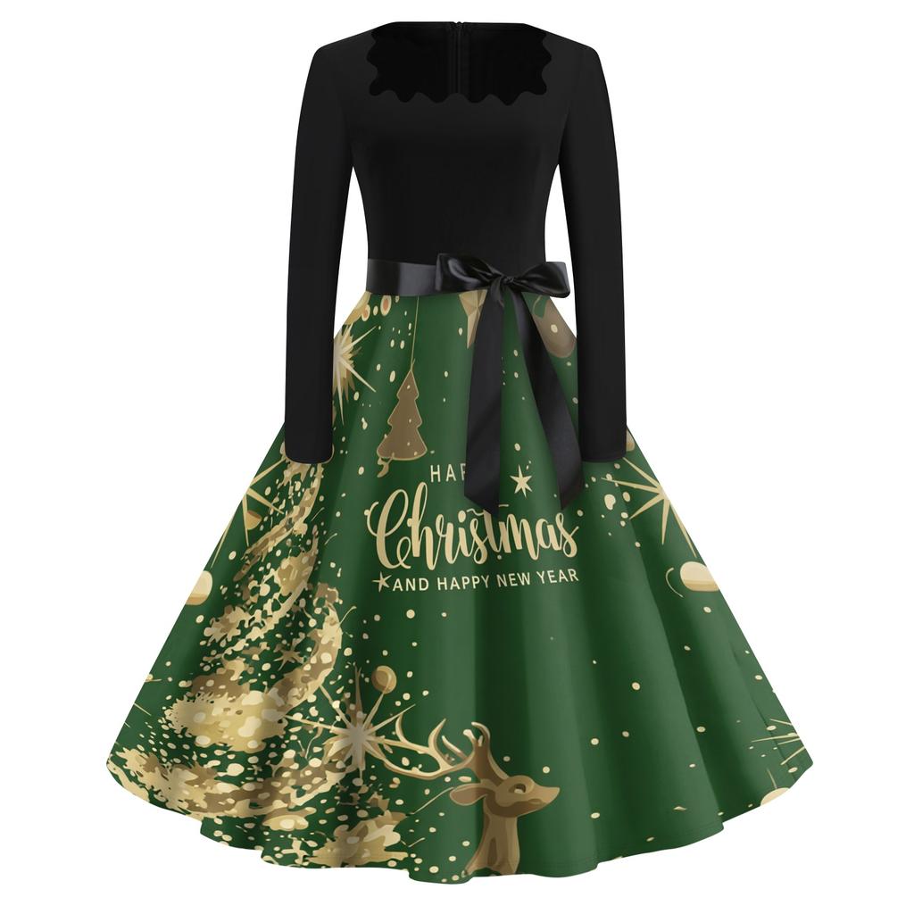 Women's Casual Retro Square Neck Dress with Halloween Print for Party and Daily Wear