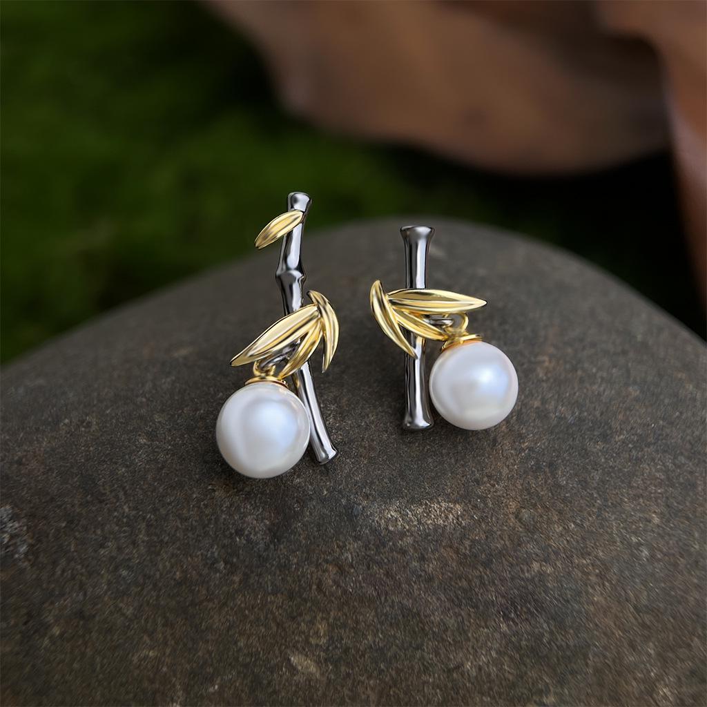 

18k Gold Electroplated Pearl Earrings - Chinese Bamboo Leaf Design, Retro & Luxurious Style for Women