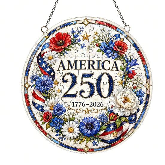Acrylic Jigsaw Puzzle Suncatcher, US 250th Anniversary DIY Sun Catcher Kit, Stained Glass Style Patriotic Window Hanging Ornament for Independence Day