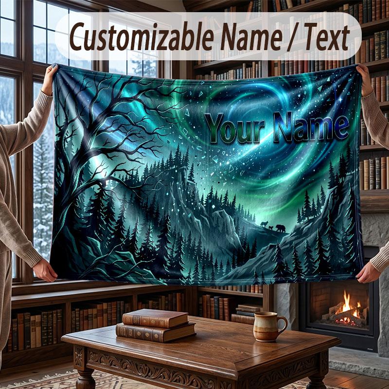 Mountain Landscape Theme Throw Blanket Custom Name Text Personalized Blanket Soft Cozy Blanket for Home Sofa Bed