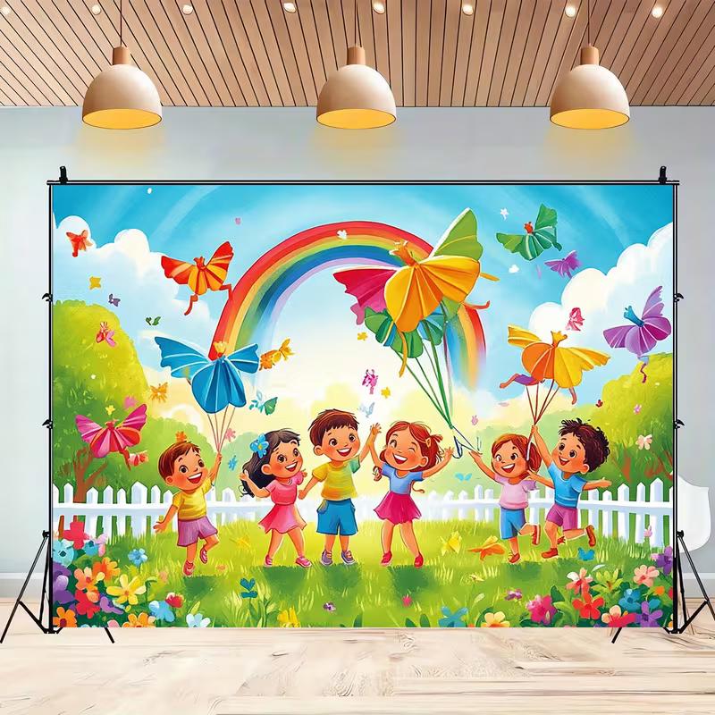 2D Summer Kids Backdrop, Happy Children Holding Butterfly Balloons In the Meadow Photography Background for Family & Kids Photos
