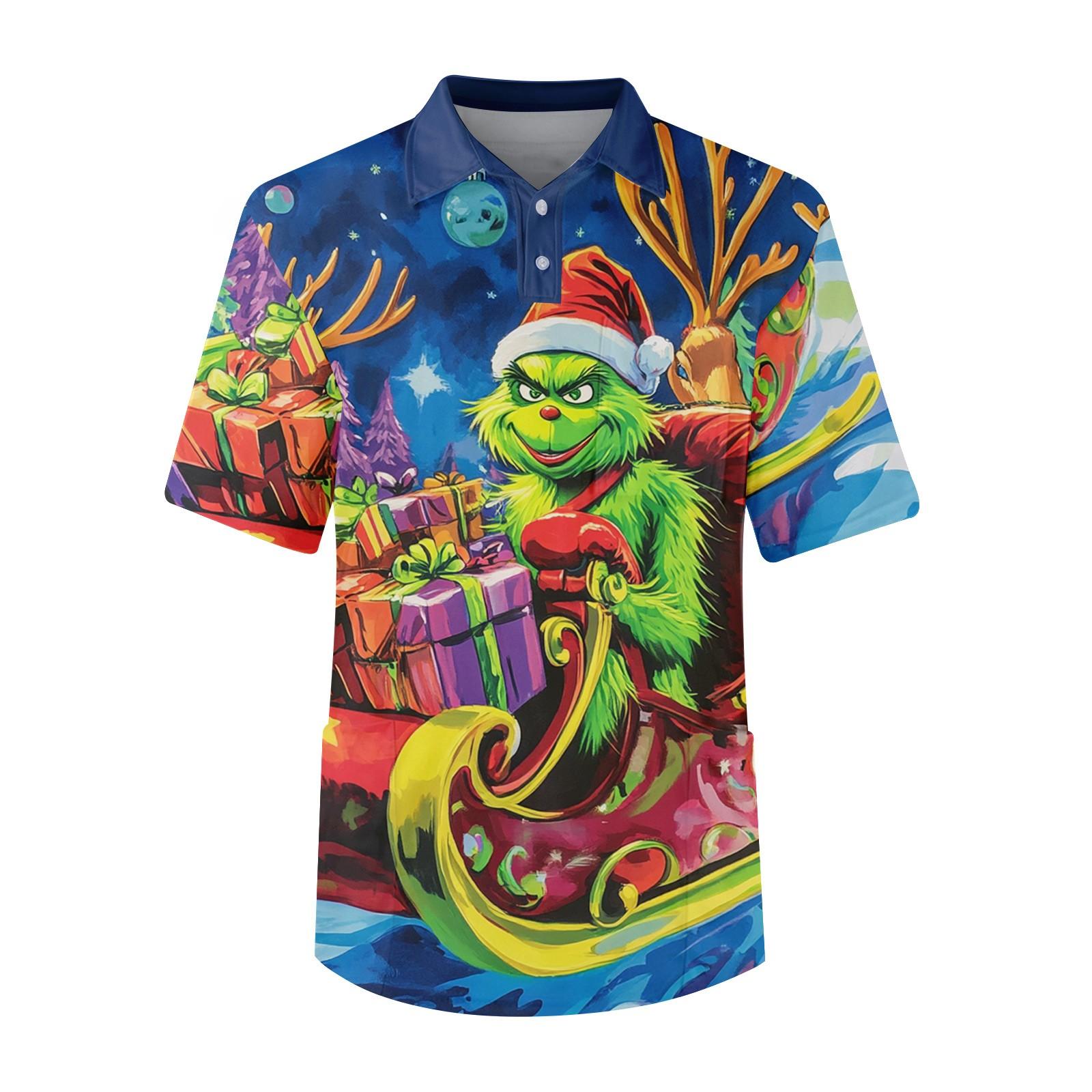 Мужской топ с коротким рукавом пуговицами лацканами рождественским принтом нагрудным карманом Dry-nurse L синий 1414₽