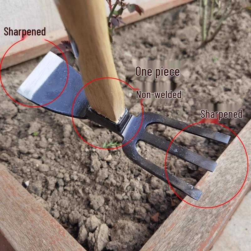 Zhengqing Forged Hoe & Rake: Dual-use Gardening Tool with Wooden Handle for Planting & Soil Loosening – Durable & High-Quality.