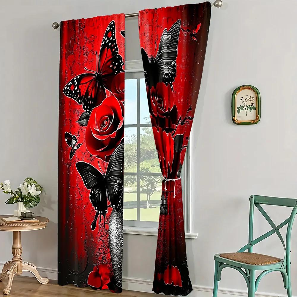 Perdele Moderne 2 Buc. Imprimeu Trandafir Roșu și Fluture Pentru Dormitor Birou Adaugă o Notă de Eleganță și Mister Interiorului_ai9