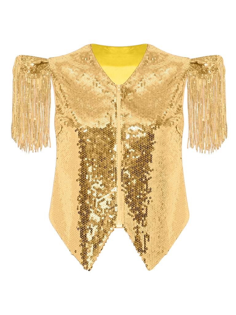 Women Rave Clubwear Disco Vest Sequins Fringe Fly Sleeve V Neck Front Zip Glitter Front Metallic Back Tank Top for Party
