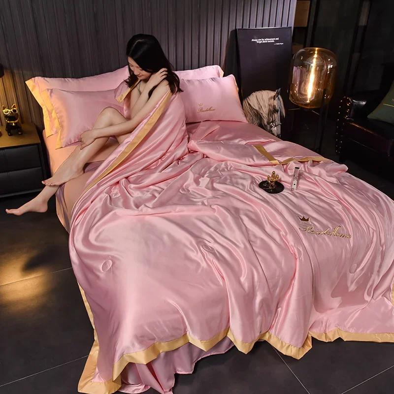 Luxury Ice Silk Summer Blanket 4/3/1 Pcs Embroidery Silky Cool Feel Quilt Set or 1 Quilts Breathable Air Conditioning Comforter