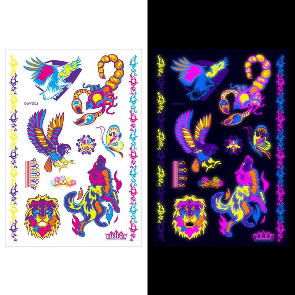 S.A.V.I Neon Temporary Tattoos, Glow UV Neon Body Face Animal Tattoo, Scorpion, Lion, Tiger, Wolf, Armband, Tattoos Flash Fake Waterproof Tattoo St