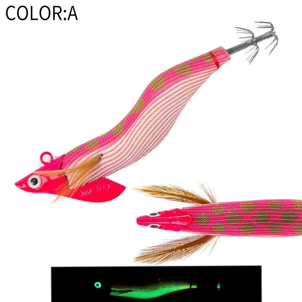 30g Luminescent Artificial Lures Sycamore Wooden Squid Bait Octopus Design Jigging Lures Squid Hooks Slow Sinking Deep Water Sea