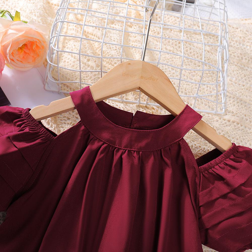 Summer Girls' Korean Dress Solid Color Round Neck Off Shoulder Princess Dress Girls' Stylish Children's Summer Outfit