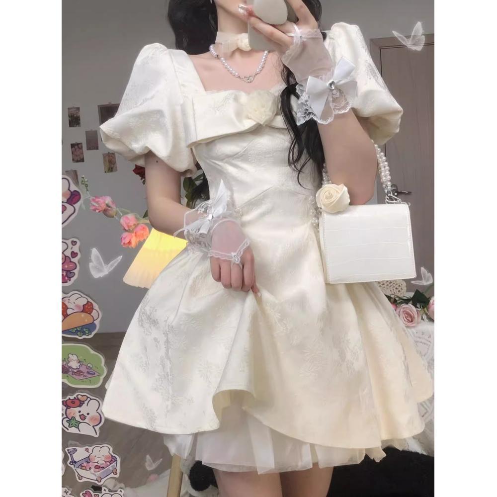 Puff sleeve bow dress fairy summer birthday dress fugitive princess puffy short dress petite