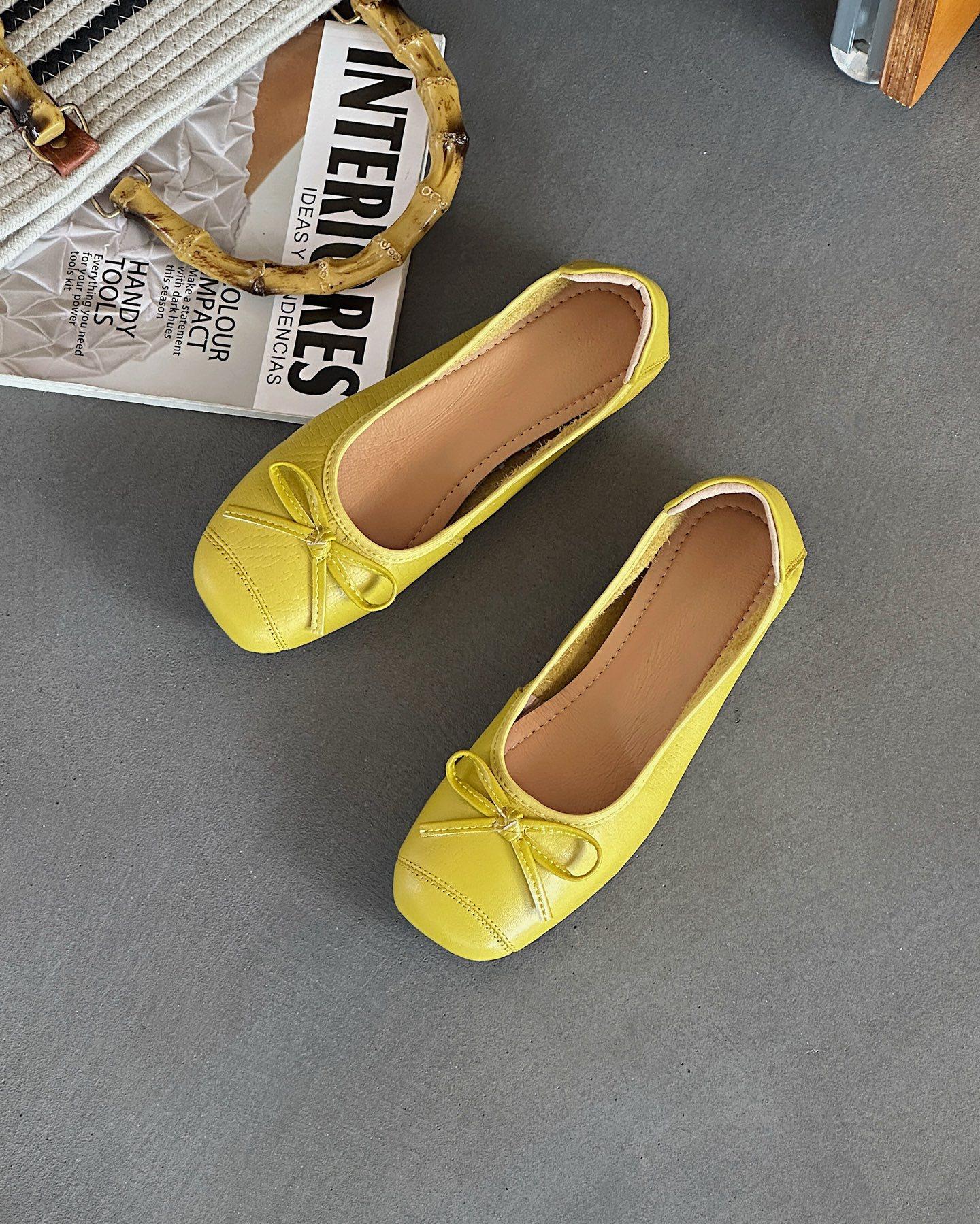 

Retro ballet flat bottom shallow mouth single shoes women s new suede gentle soft sole Doudou shoes one pedal ladyshoes 35 жёлтый