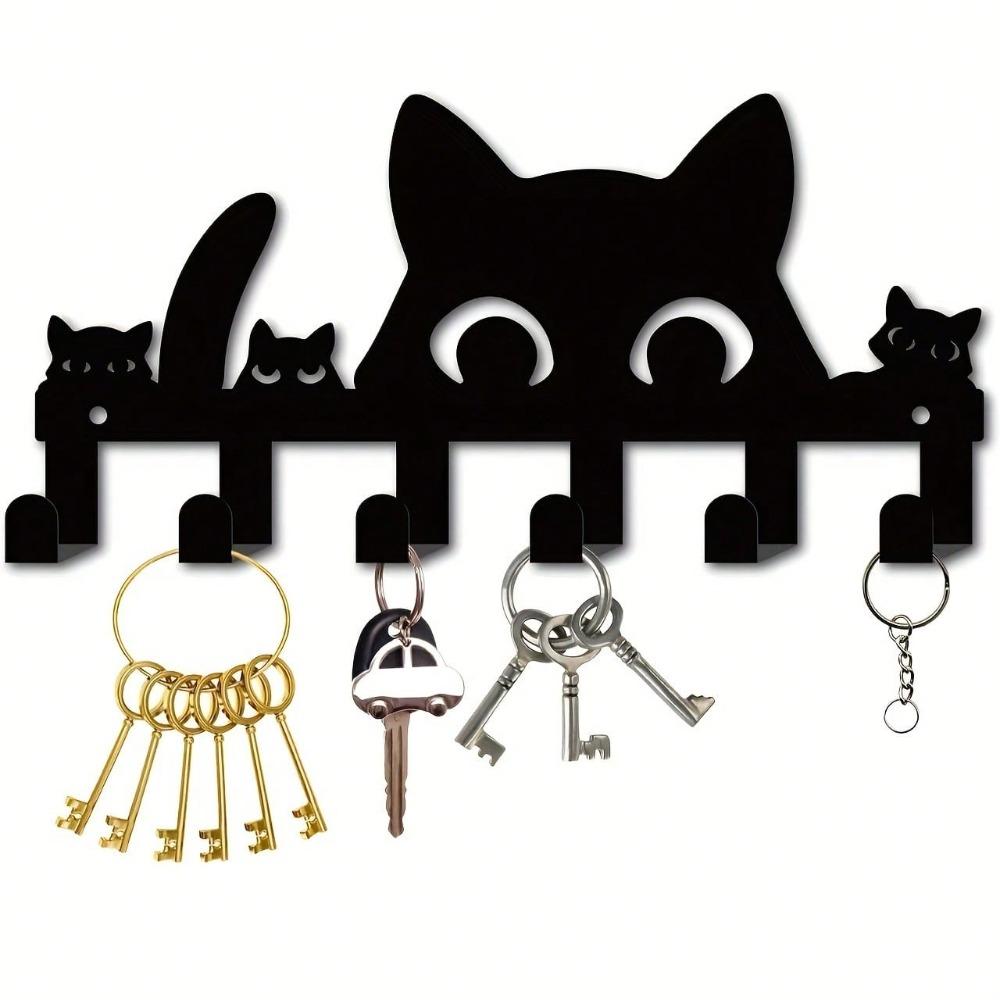 Black Cat Key Holder Personalized Metal Wall Hooks Set of 6 Easy Install Key Rack for Home Office Decor