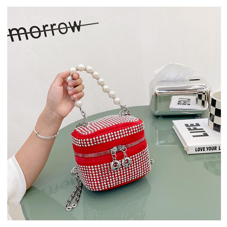 Princess Mini Rhinestone Crossbody Handbag with Pearl Handle
