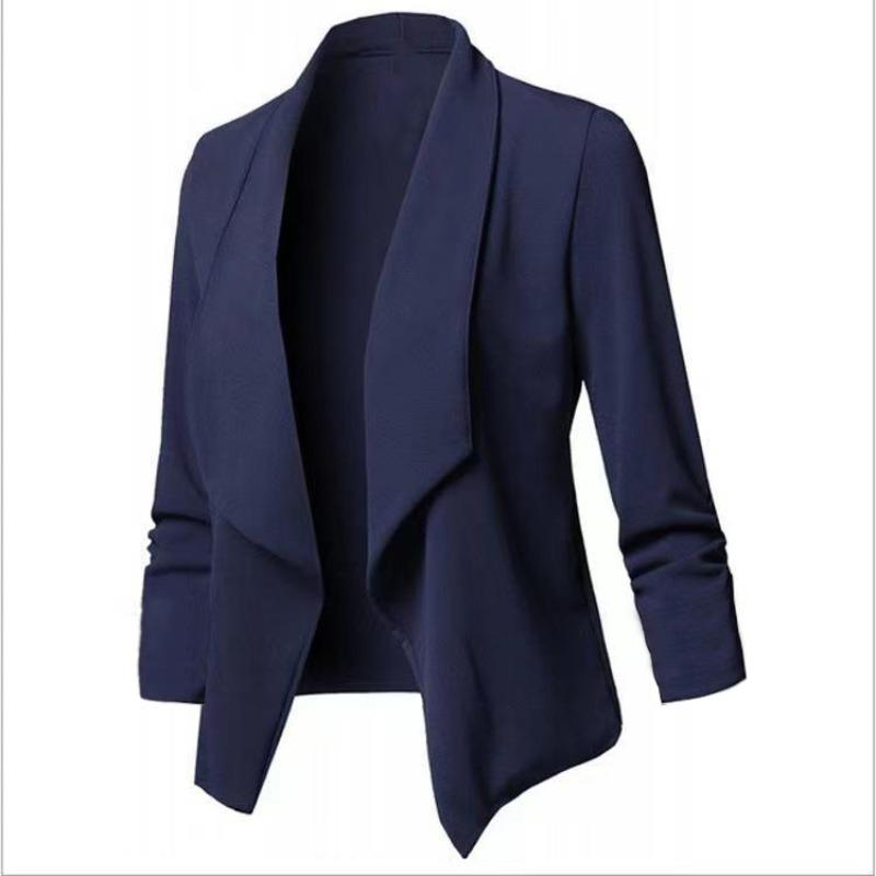 Women's Slim Fit Long Sleeve Solid Color Blazer Versatile Stretch Cuff Lapel Jacket For Office Wear, Elegant Career Open Front Coat For Commuting