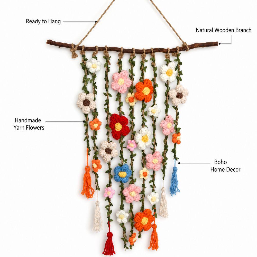 Wooden Branch Crochet Wall Hanging Yarn Floral Tapestry Macrame Wall Hanging  Living Room Decor