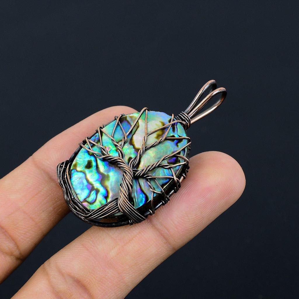 Tree Of Life Abalone Shell 999 Copper Wire Wrapped Pendant, Handmade Gemstone Pendant Jewelry, Gifts For Wife Brand New Pendant