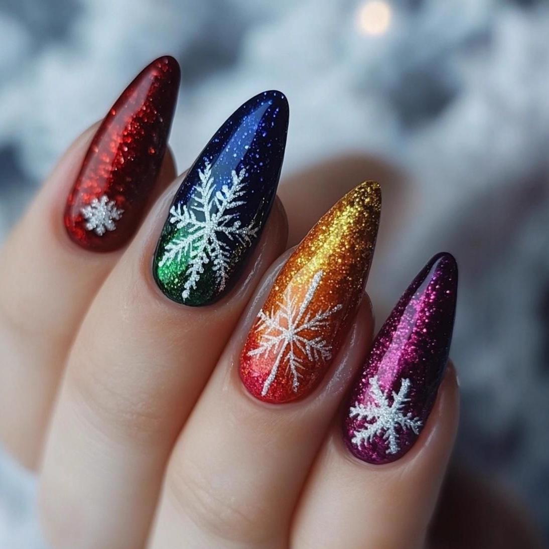 Festive Gradient Snowflake Manicure: Colorful Press-On Nail Tips