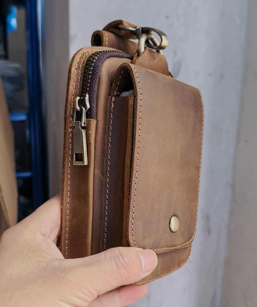Marsupio da uomo in pelle Crazy Horse retrò - Tasca esterna per telefono cellulare da 6" con gancio