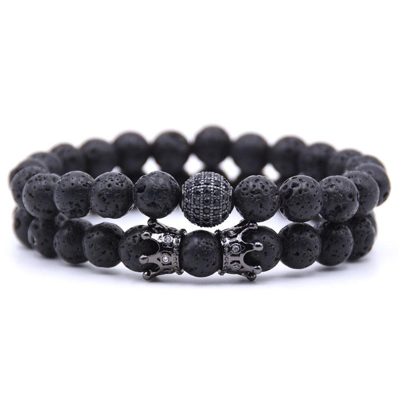 Newest Selling 2PCS Beads Natural Lava Stone Bracelets for Women Micro Pave Cz Ball Charms Bracelet Jewelry