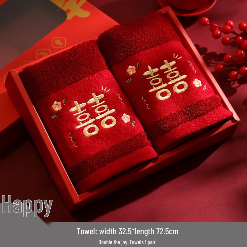 Red Wedding Towel Pair - Bride's Favors, Gift Boxed, Ideal for Dowry