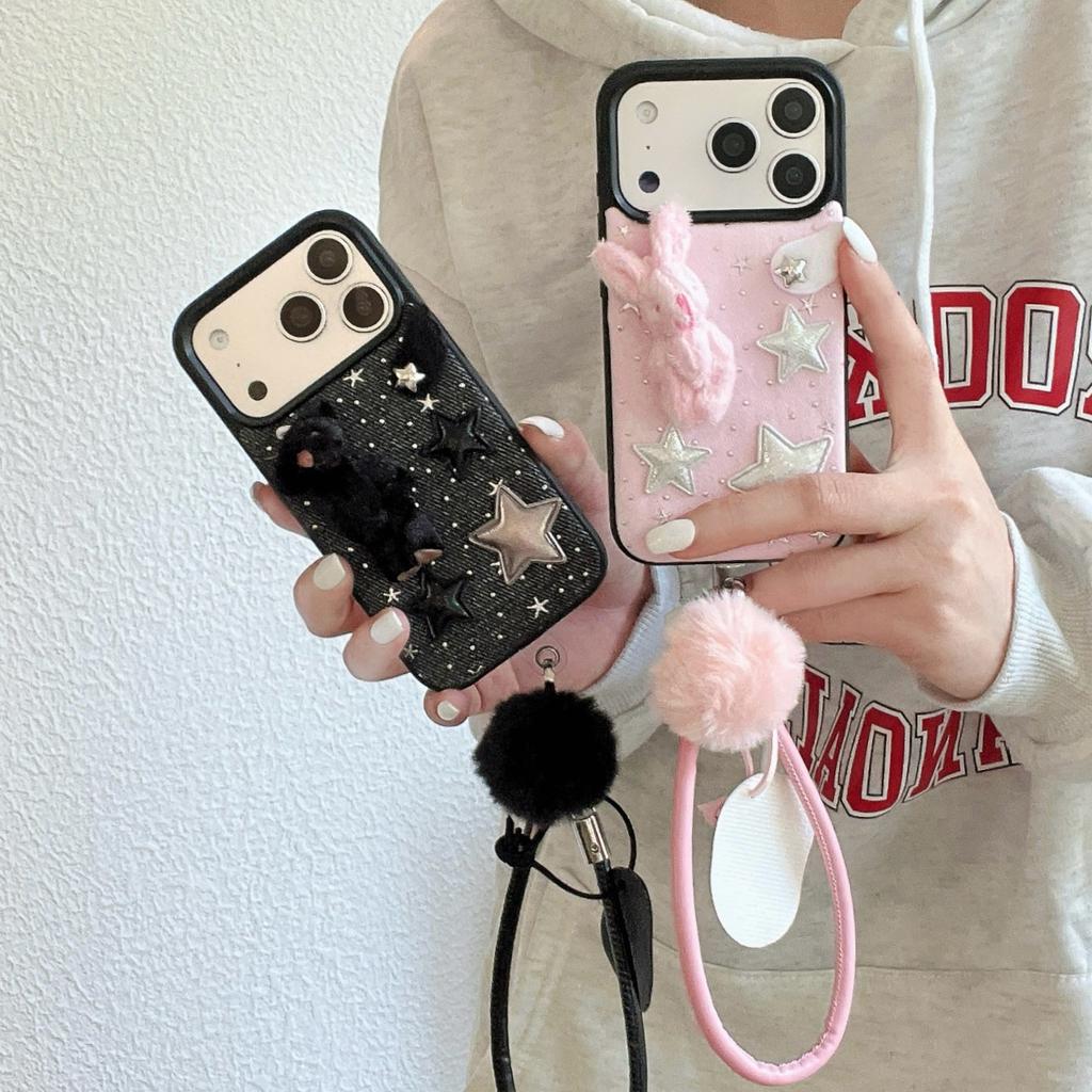 Star Denim Plush Bear Rabbit for iPhone17Promax Mobile Phone Case Apple 16 Short Rope 15/14