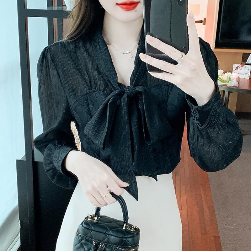 Mode Neue 2024 Herbst Langarm Bogen Kragen Büro Casual Apricot Chiffon Bluse Shirt Frauen Tops Blusen Shirts J479