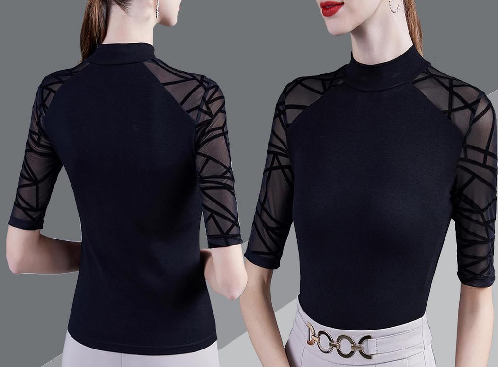 Yuoku Slim Fit Sheer Sleeve High Neck Stretch Elegant Modern Dance Mesh Short Perfect for and More Women's 5/8 Top, Blouse, Sleeve, Soft, Slimming,