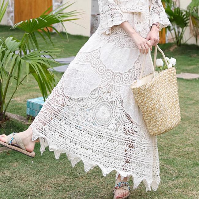 

DIMANAF 2025 Новая праздничная юбка женская вязаная кружевная однотонная ажурная сексуальная ажурная летняя стильная свободная базовая юбка one size белый