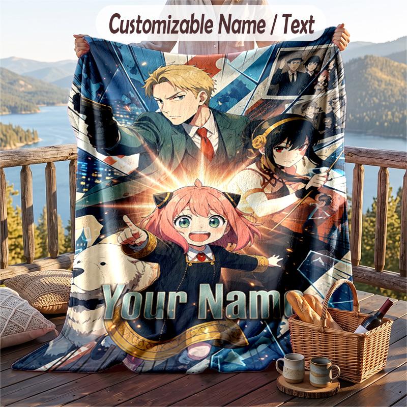 Personalized Flannel Throw Blanket,Spy × Family Custom Printed Name, Cozy Plush Blanket For Home Use