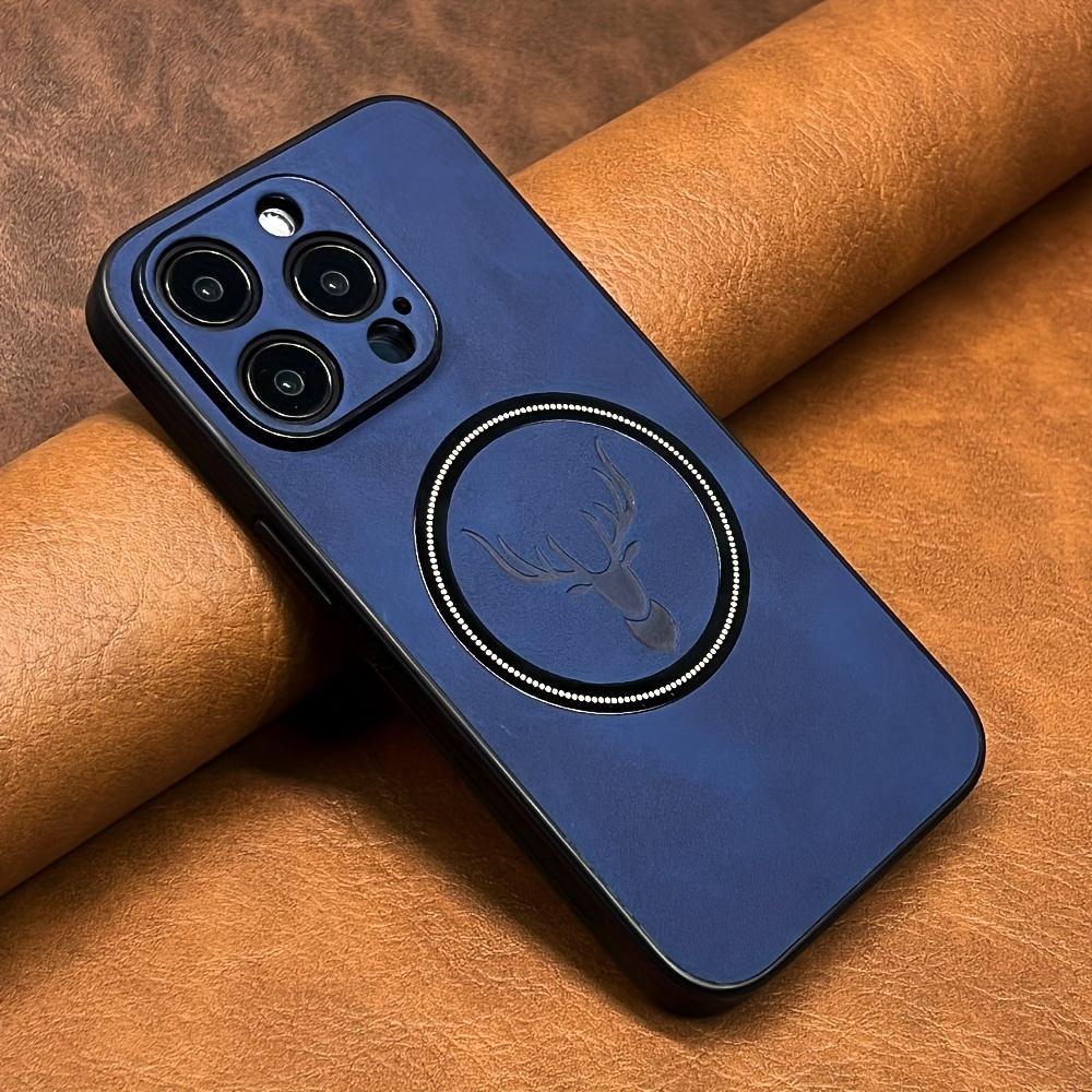 Luxuriöse Kunstschaffell-Kunstlederhülle für iPhone 17 16 15 14 13 12 Pro Max Plus Hirschkopf Magnetische Kabellose Aufladung Weiche Stoßfeste Abdeckung