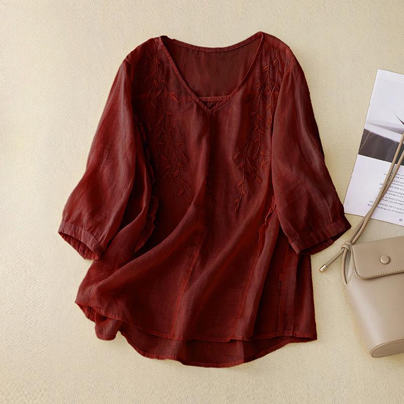 

Летняя тонкая хлопчатобумажная льняная вышитая свободная рубашка большого размера с V-образным вырезом для женщин Футболки женские M красный
