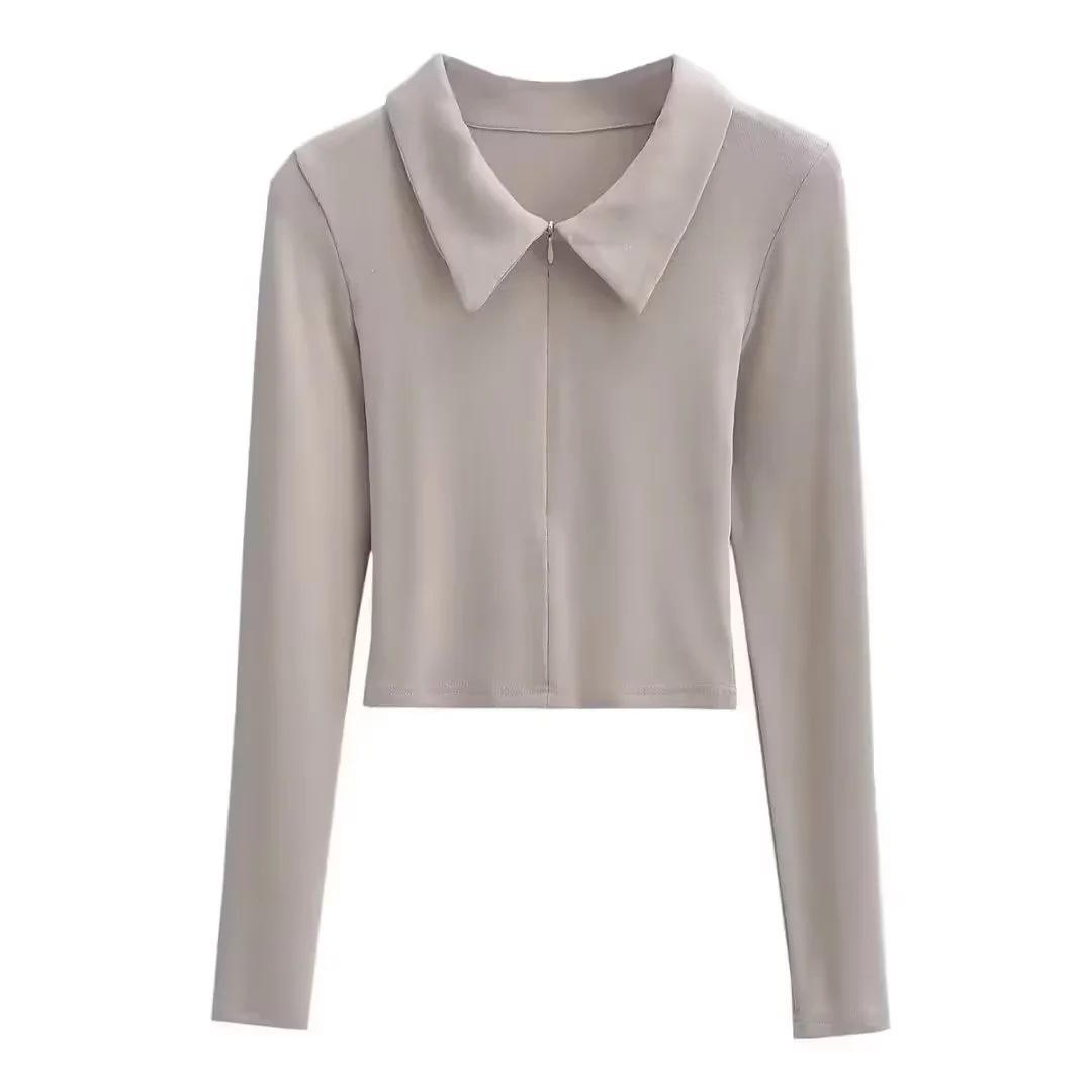 

Korean Style Faux Cashmere Long Sleeve Crop Top with Lapel and Zipper - Women s Autumn Wear Medium абрикосовый