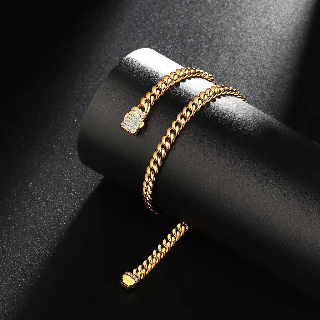 Gold Necklace Jewelry Stainless Steel Diamond Clasp Cuban Link Gold Plated Chain for Men