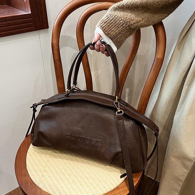 Geantă de mână de damă toamnă iarnă, capacitate mare, geantă bowling, geantă de umăr casual, geantă de mână din piele maro stil vintage CLE