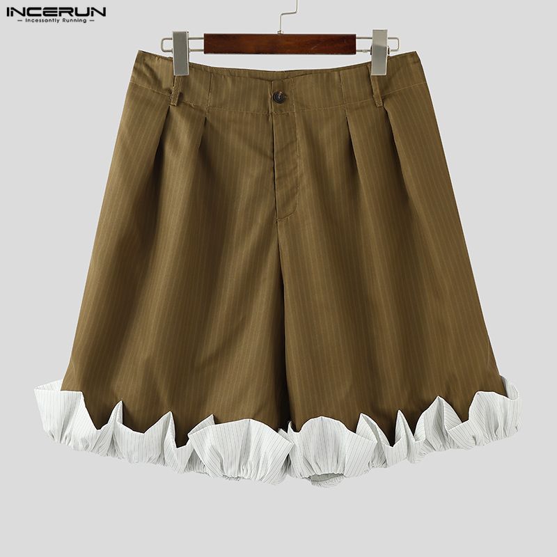 INCERUN Men Zip-up Waist Striped Ruffled Hem Loose Half Pants Shorts