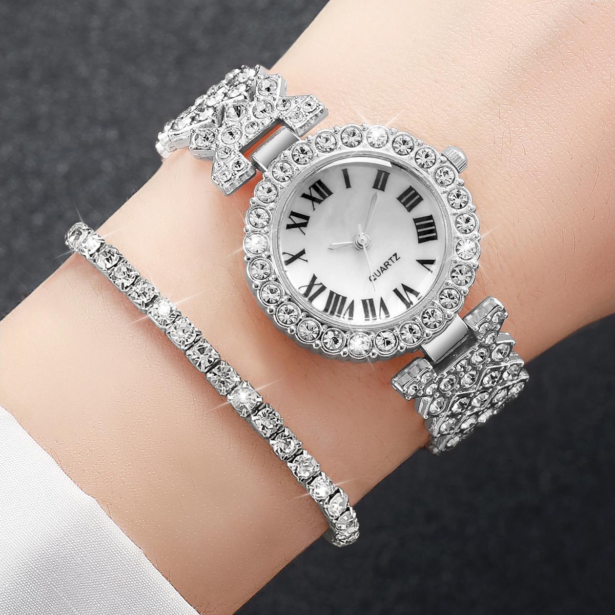 

2PCs/Set Women s Luxury Watch Fashion Diamond Inlaid Dial Quartz Temperament Girls Watch Bracelet Set (Box Not Included))