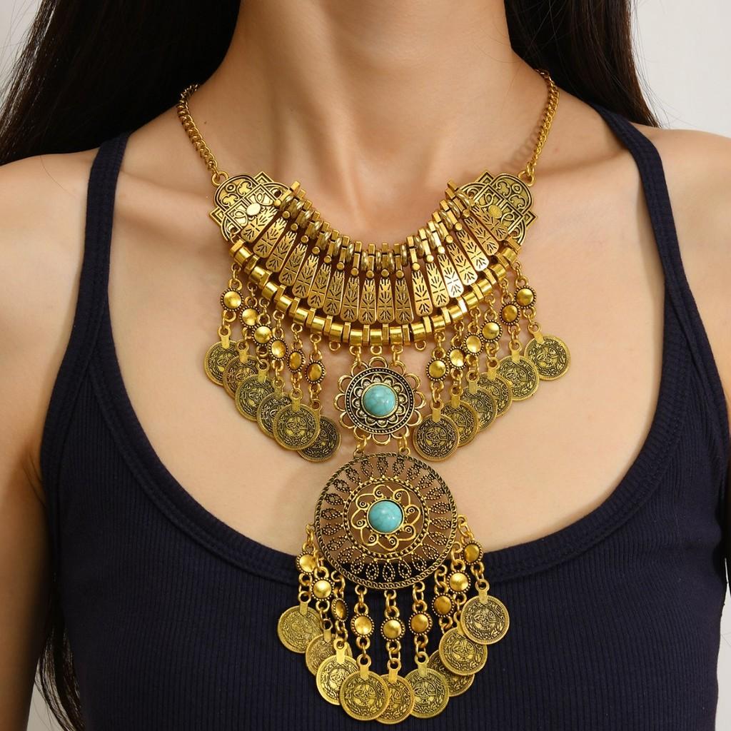 Classic Gold Silver Finish Coin Tassel Necklace With Geometric Pendant For Festival Wear